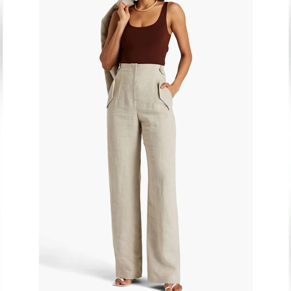 Alberta Ferretti High Waist Wide Leg Linen Pants Beige Oatmeal IT 38 US 2 NWT
